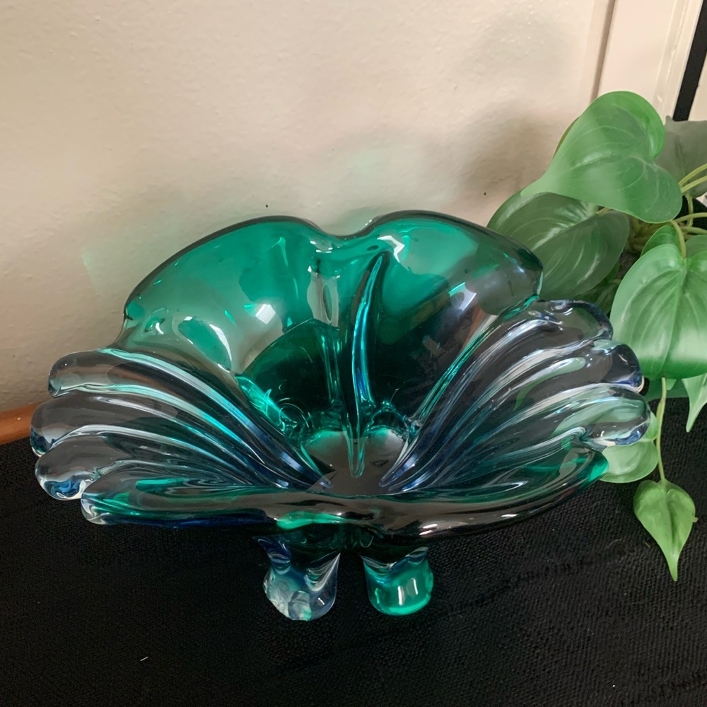 Vintage blue green glass centerpiece